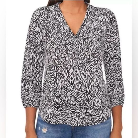 Vince Camuto Black & White Geometric Print V Neck Long Sleeve Blouse Top Size S - Picture 1 of 8